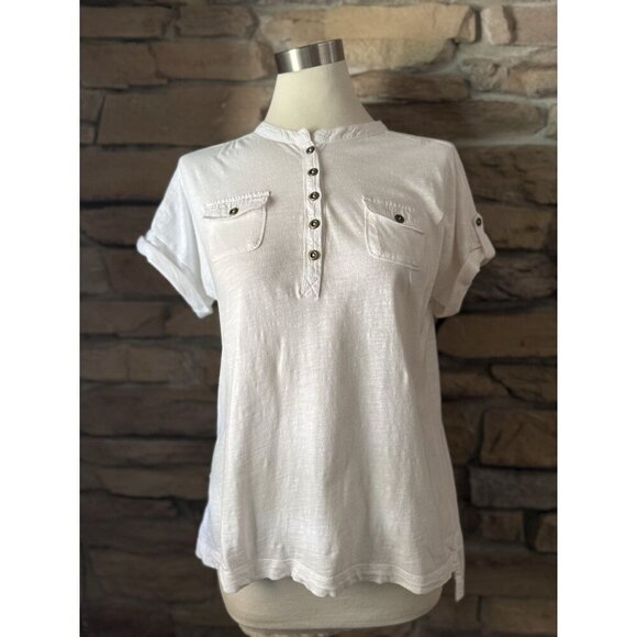 Caribbean Joe White Button Front Henley T-Shirt Sz L Rolled Sleeves 100% Cotton - Picture 1 of 8